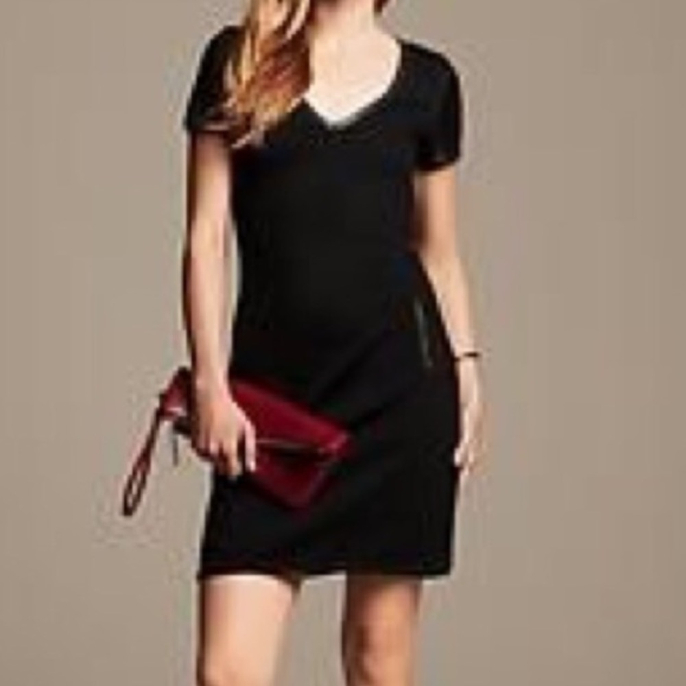Banana republic black dress faux leather trim 8